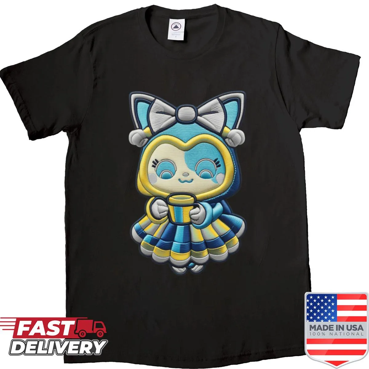 Kawaii Blue Ghost Girl shirt with a coffee cup illustration