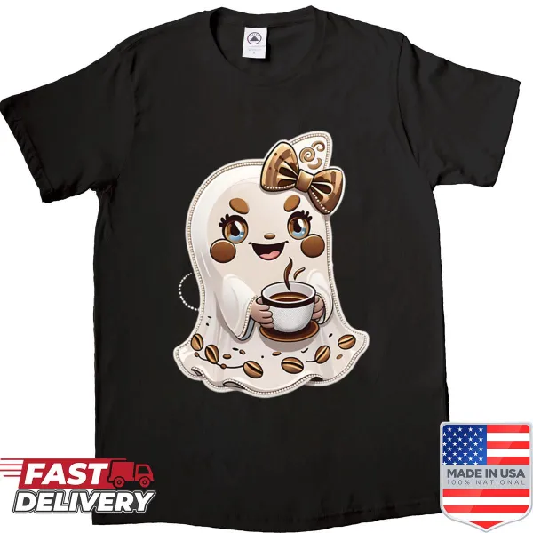 Kawaii shirt featuring a ghost girl with coffee and a golden bow