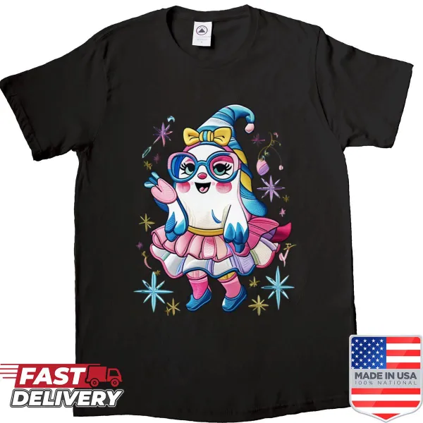Kawaii ghost girl illustration with glasses on an oversized shirt