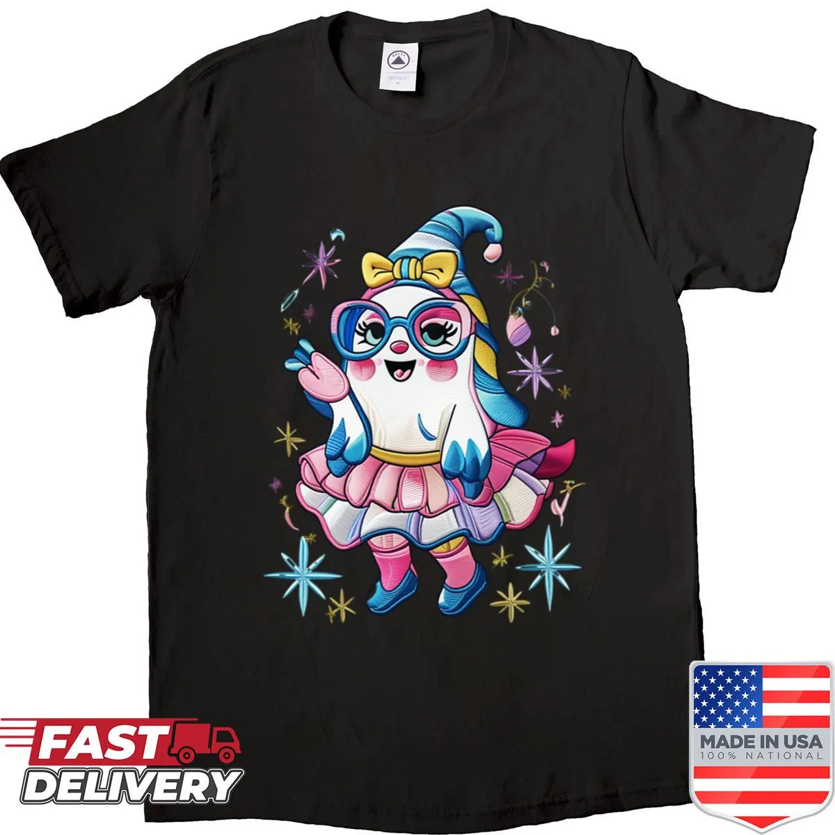 Kawaii ghost girl illustration with glasses on an oversized shirt