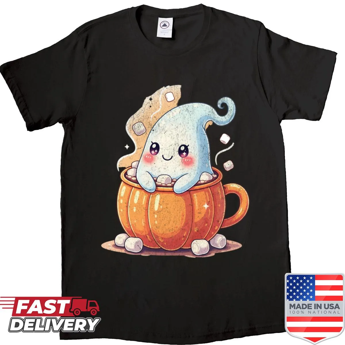 Cute ghost in pumpkin mug graphic on a children's shirt