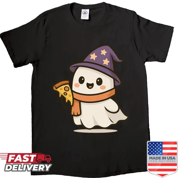Cute ghost wizard holding pizza illustration on a shirt