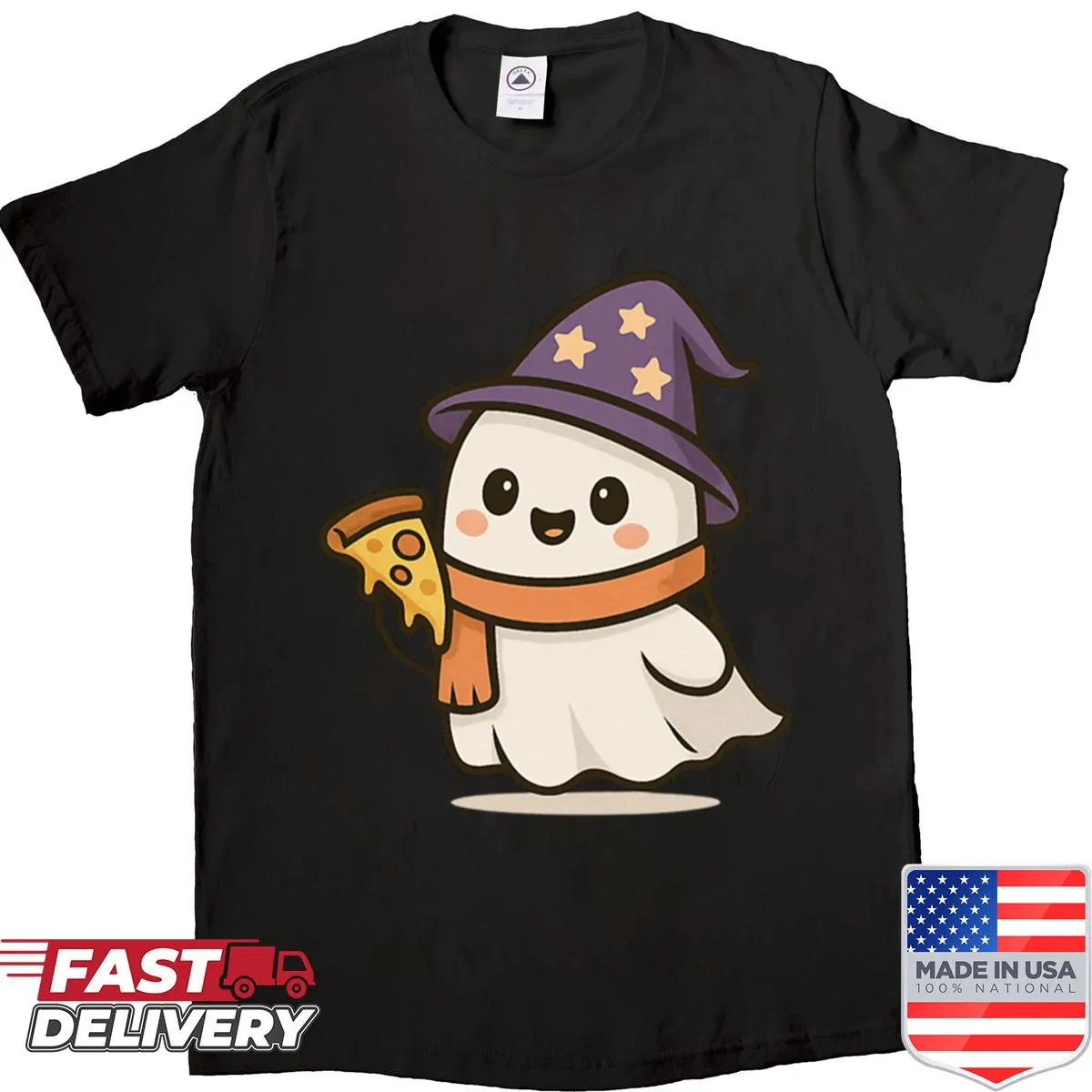 Cute ghost wizard holding pizza illustration on a shirt