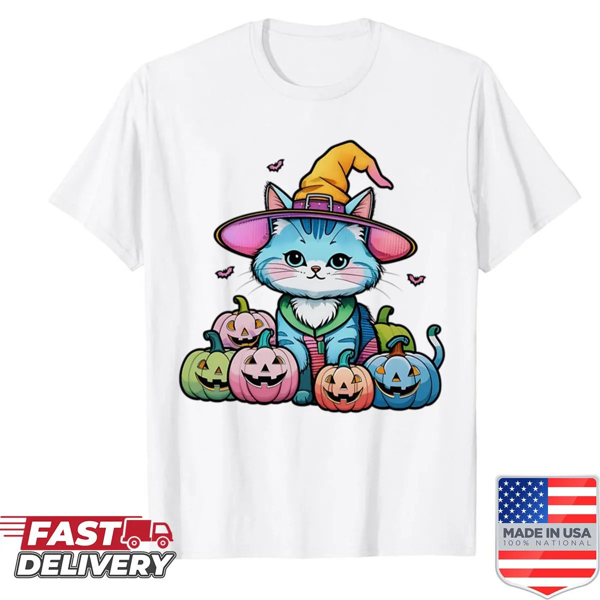 Kawaii witch cat graphic with pumpkins on an oversized shirt