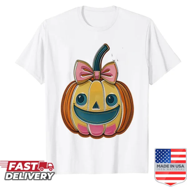 Kawaii pumpkin with pink bow illustrated on shirt