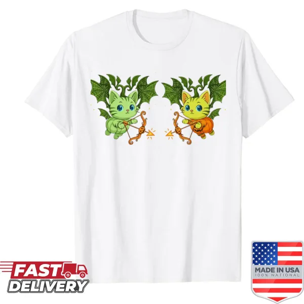 Kawaii twin dragon cats design on Halloween shirt