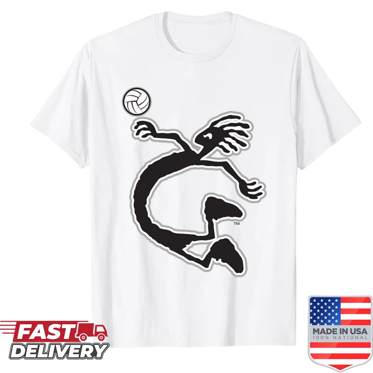 Illustration of Kokopelli in a volleyball-themed design