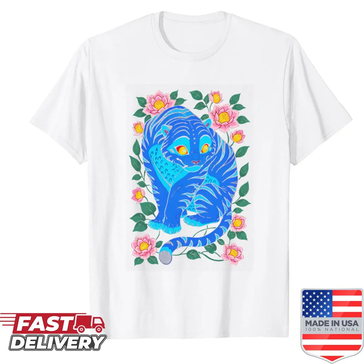 Blue tiger with floral art on a trendy Kpop shirt