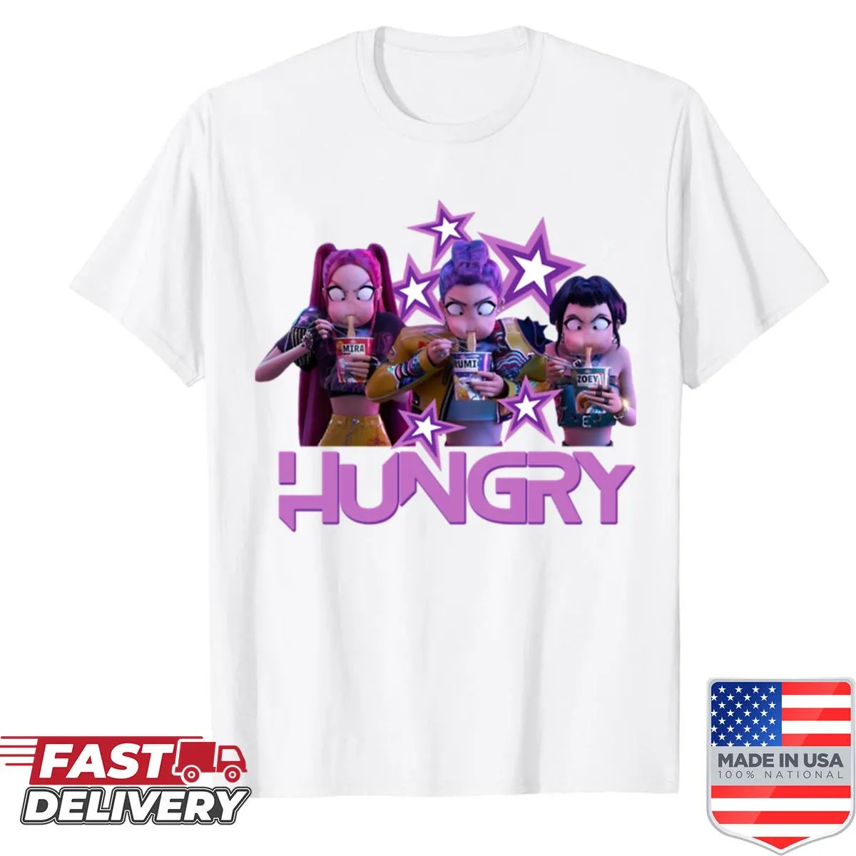 Humorous illustration shirt featuring Huntrix from K-pop Demon Hunters