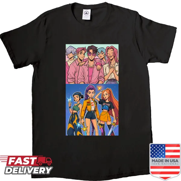 Kpop shirt with fun graphics of Huntrix and Saja Boys characters.