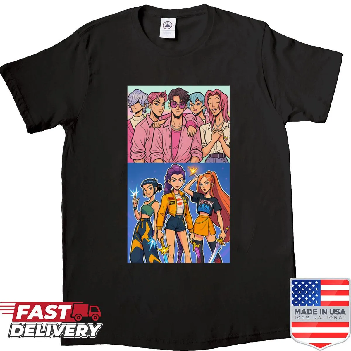 Kpop shirt with fun graphics of Huntrix and Saja Boys characters.