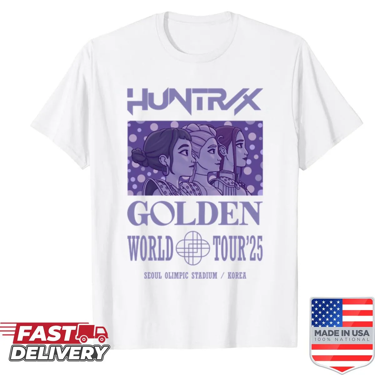 K-pop themed shirt with Huntrix logo and tour elements