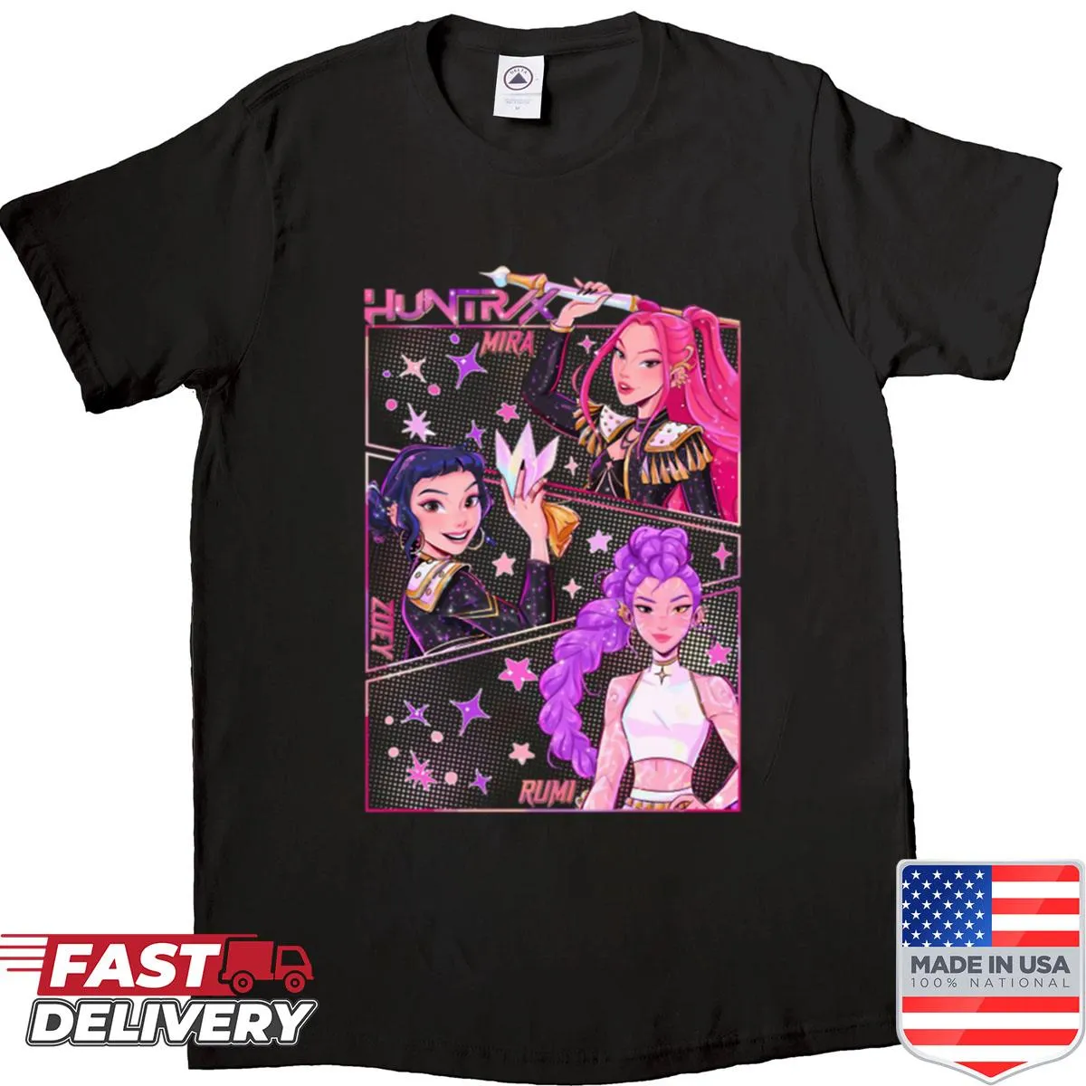 Kpop Demon Hunters character graphic on a casual t-shirt