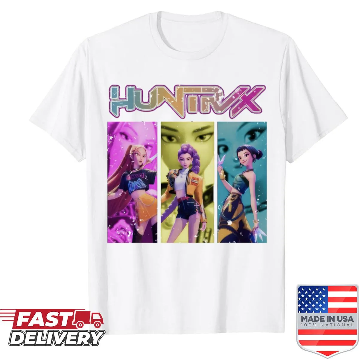 Kpop-inspired shirt featuring a neon demon hunter graphic