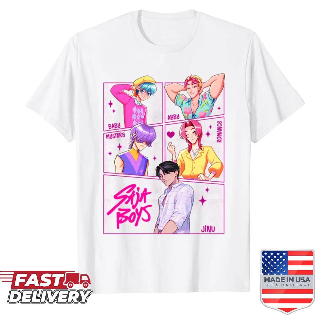 Graphic shirt depicting Sajaboys from Kpop Demon Hunters