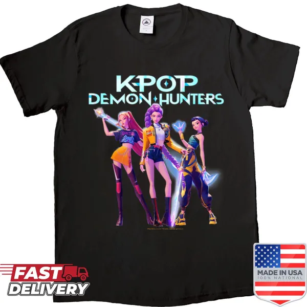 Oversized shirt with Kpop hunters in heroic poses illustration