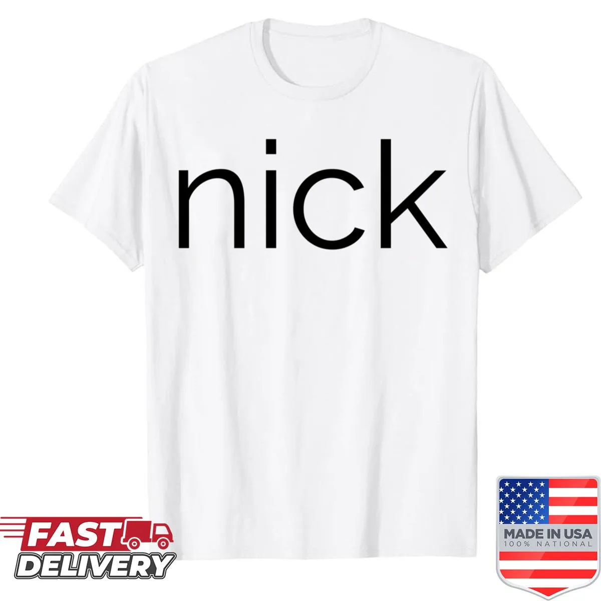 Playful typography graphic 'Lower Case Nick' on a T-shirt