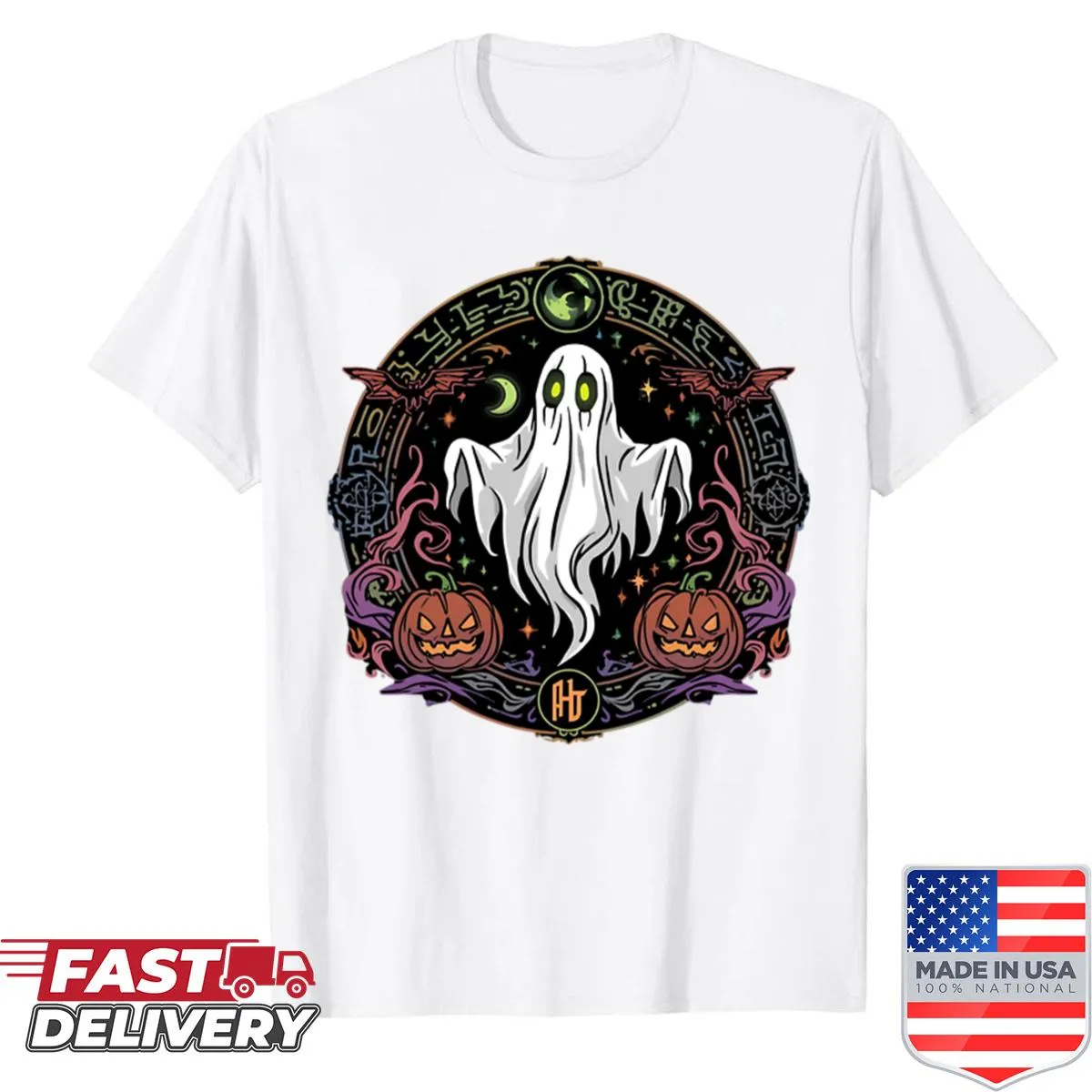 Glowing ghost design inside a Halloween circle on a T-shirt