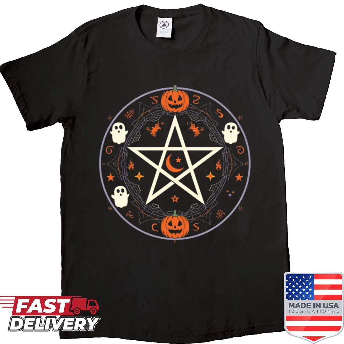 Shirt with glowing pentagram and Halloween symbols