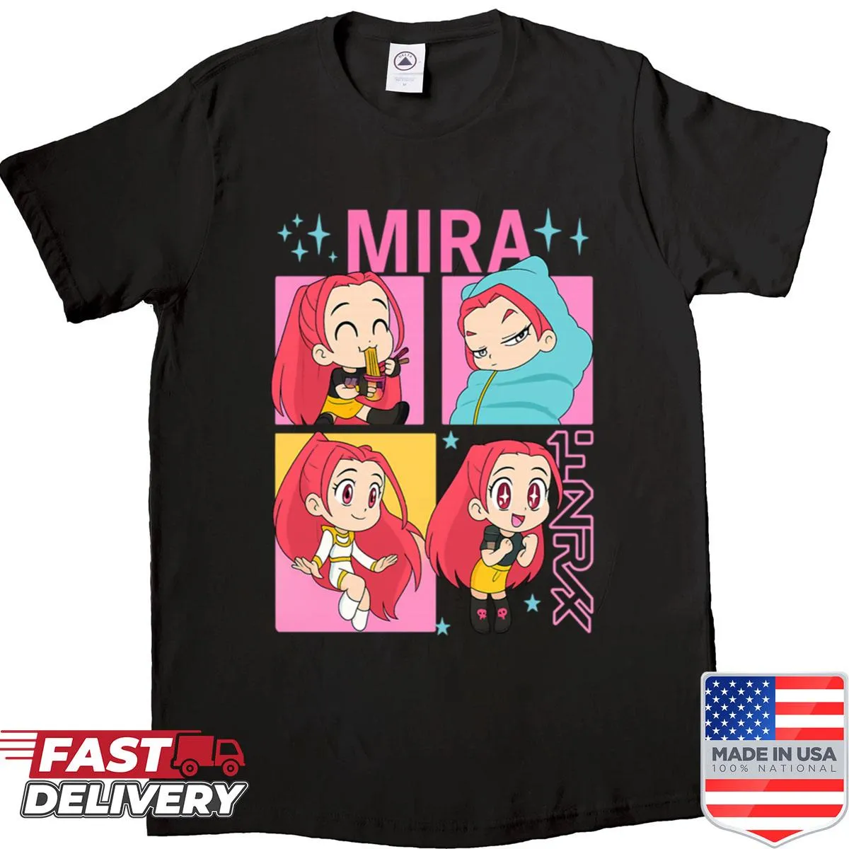 Cartoon shirt featuring characters from Kpop Huntrix series