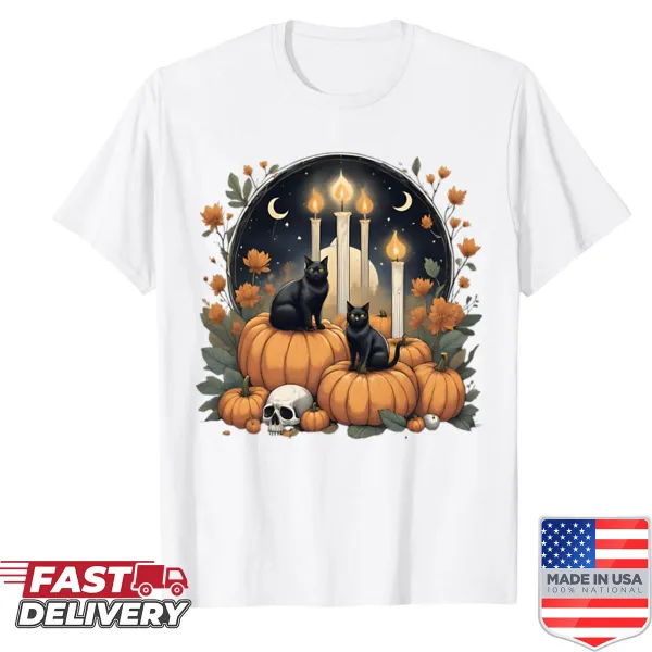 Oversized shirt featuring black cats, pumpkins, and candlelight