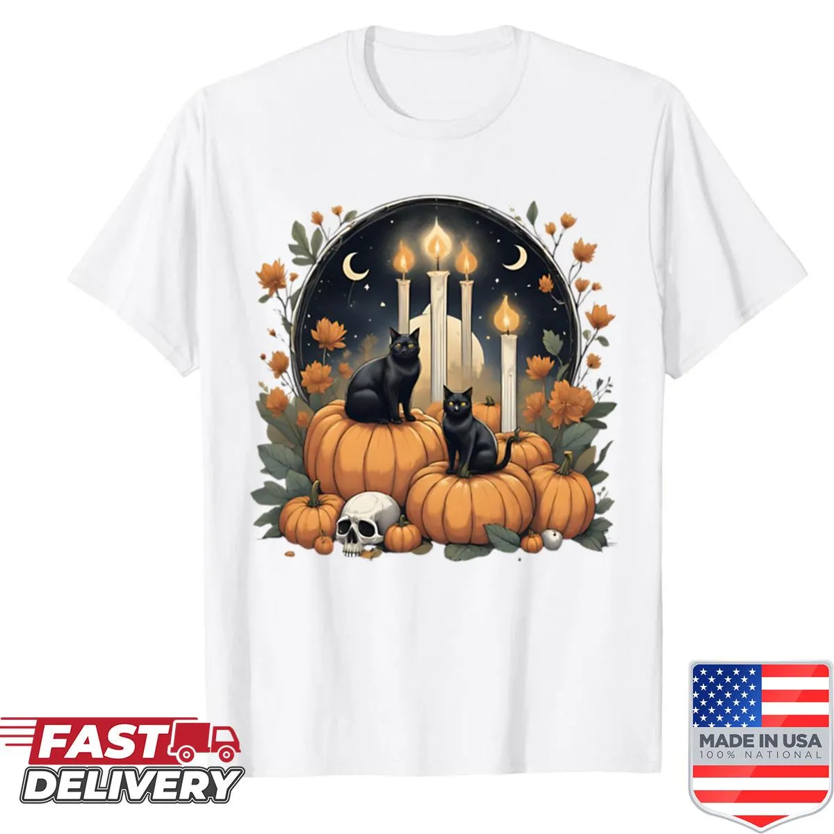 Oversized shirt featuring black cats, pumpkins, and candlelight