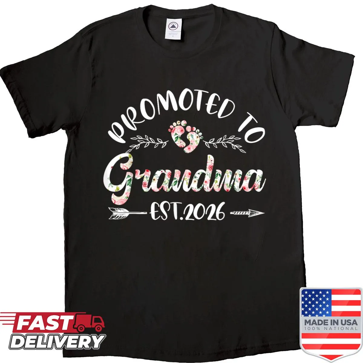 Floral shirt celebrating 'Promoted to Grandma Est 2026'