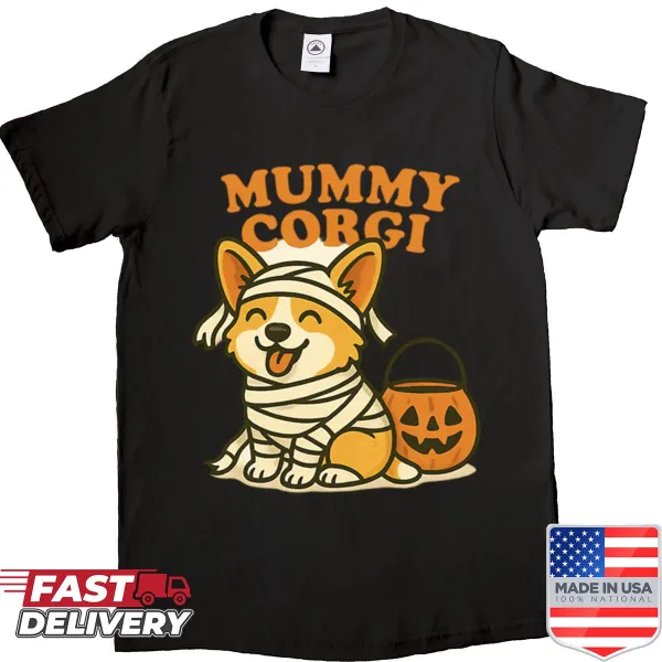 Illustration of a mummy corgi with a pumpkin for Halloween