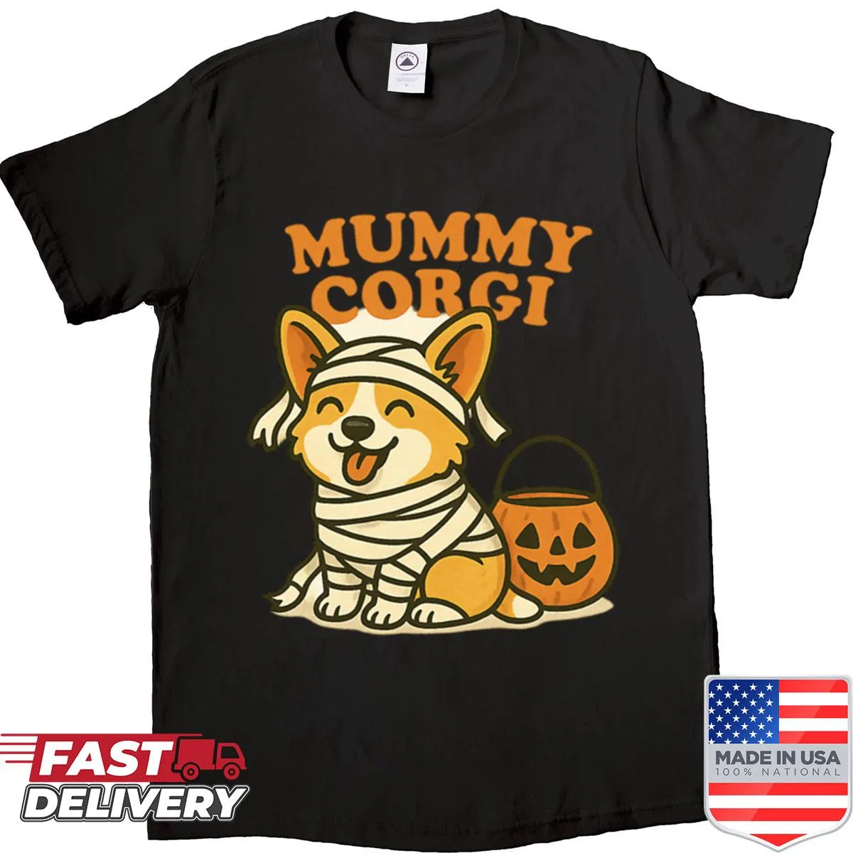 Illustration of a mummy corgi with a pumpkin for Halloween