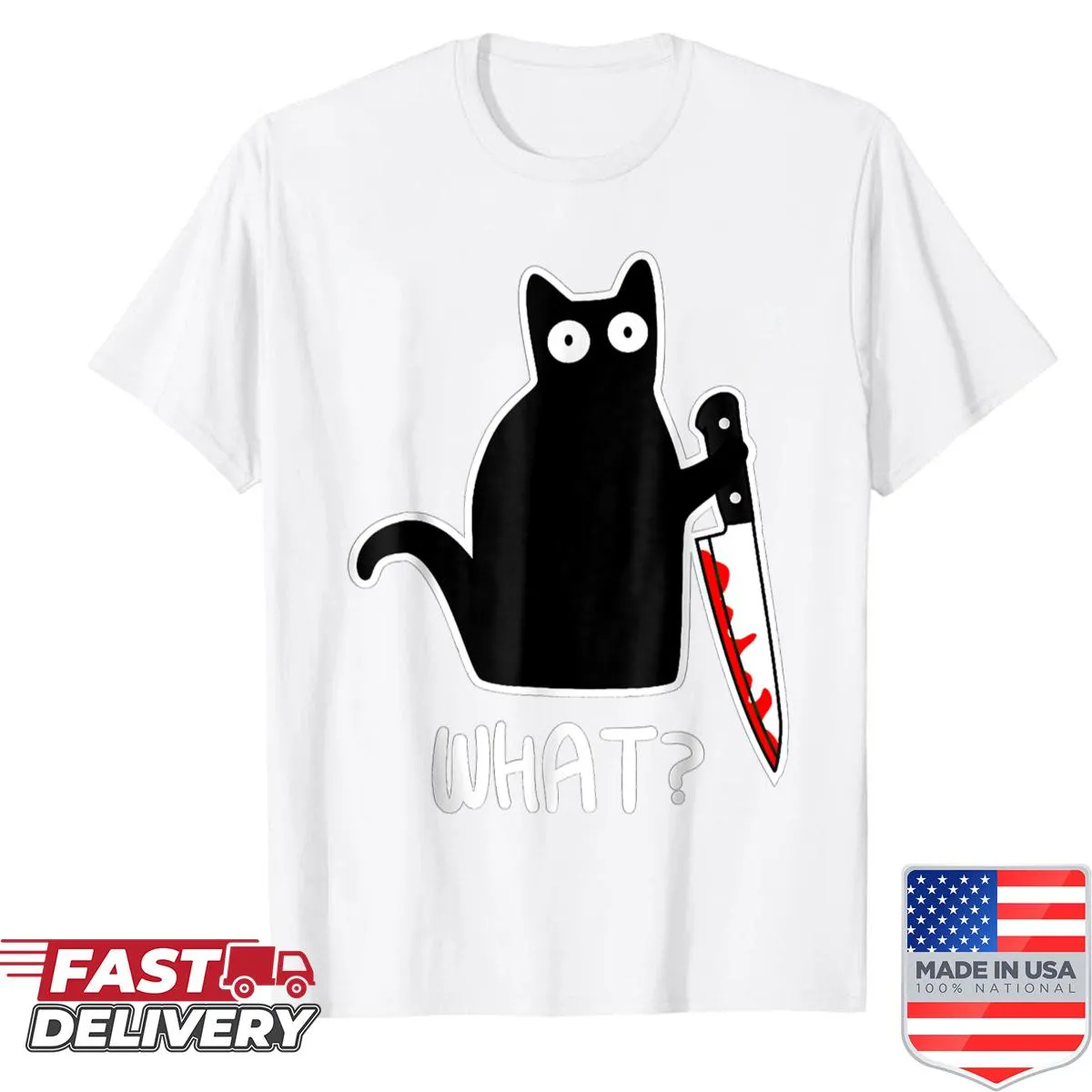 Cartoon black cat with a knife for Halloween t-shirt