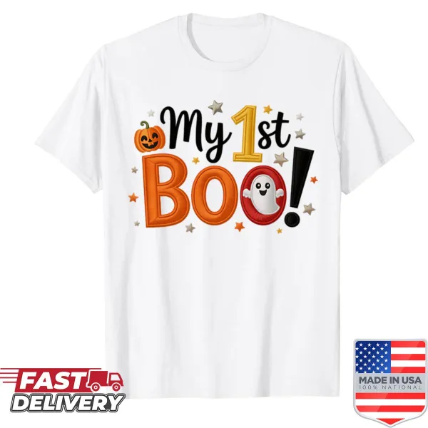 Adorable shirt with 'My 1st Boo' text and cute Halloween design