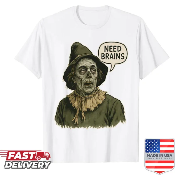 Zombie scarecrow shirt featuring the phrase 'Need Brains' in a spooky design