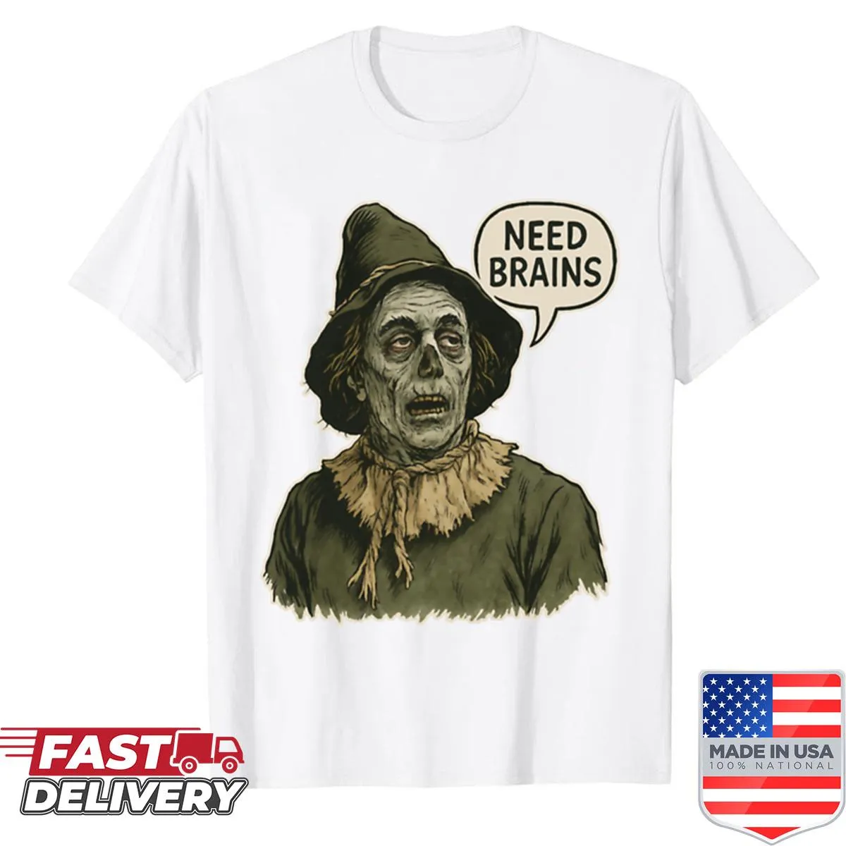 Zombie scarecrow shirt featuring the phrase 'Need Brains' in a spooky design