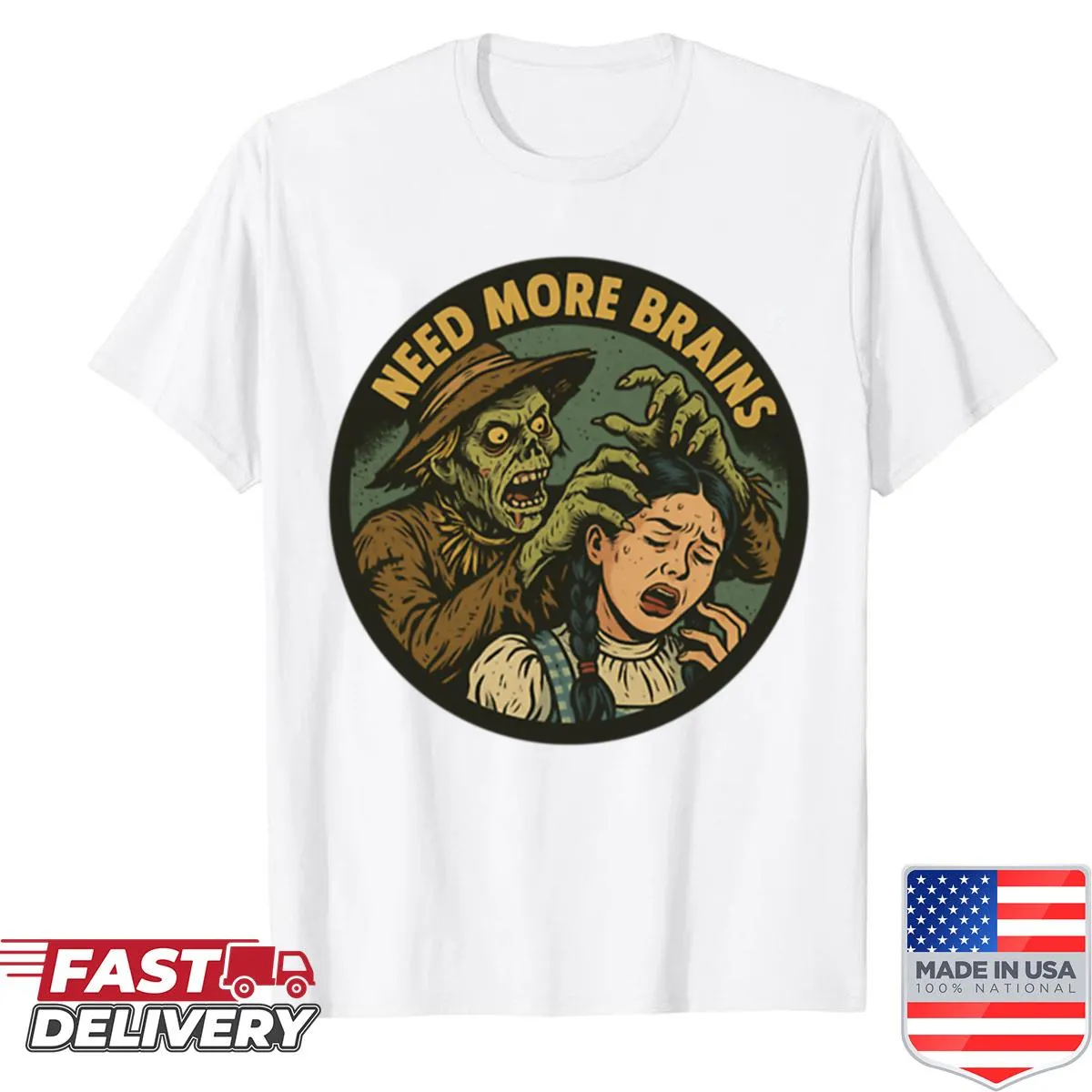 Shirt with a zombie scarecrow graphic and the text 'Need More Brains'