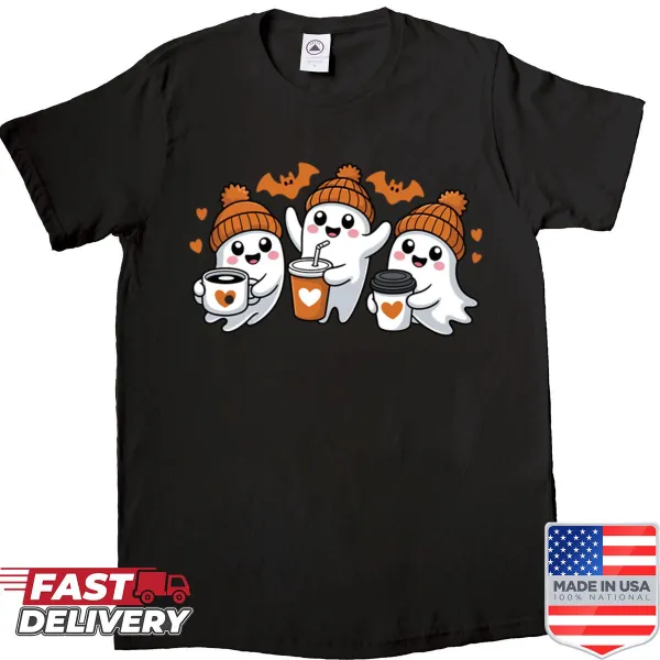 Cute Halloween shirt with ghosts holding coffee cups