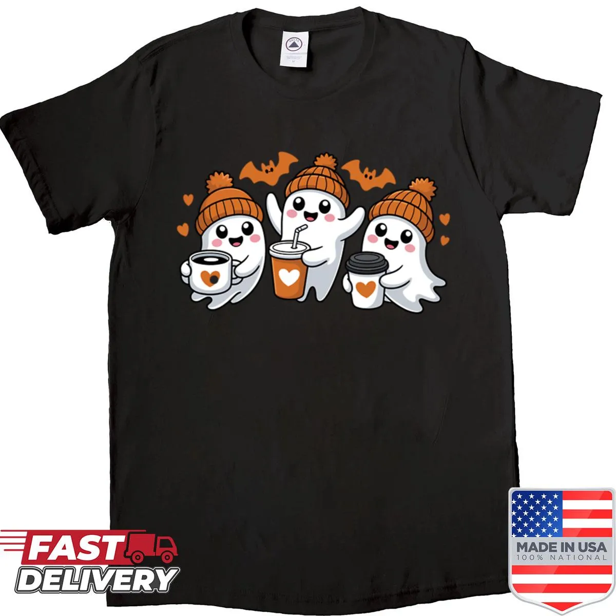 Cute Halloween shirt with ghosts holding coffee cups