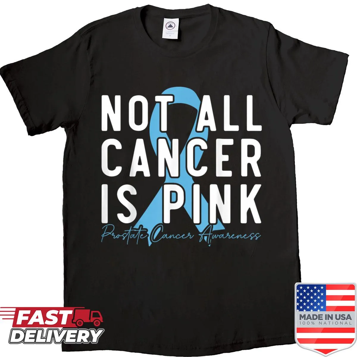 Awareness shirt featuring a blue ribbon and message about prostate cancer awareness.