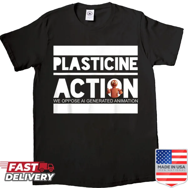 Funny shirt promoting plasticine action against AI animation