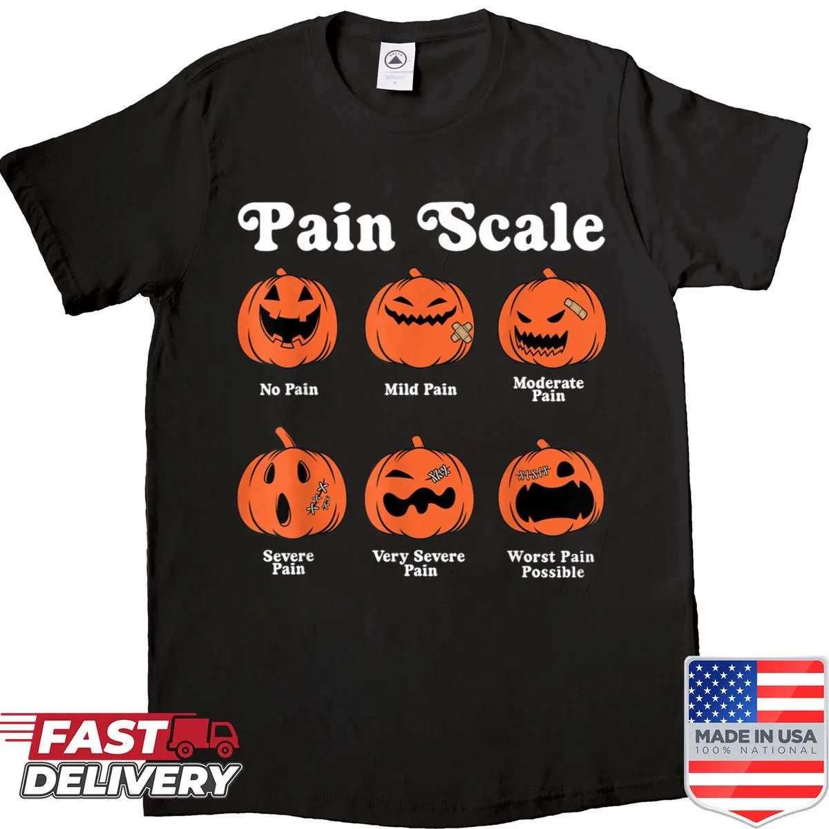 Halloween shirt with pumpkin design and pain scale graphic for nurses