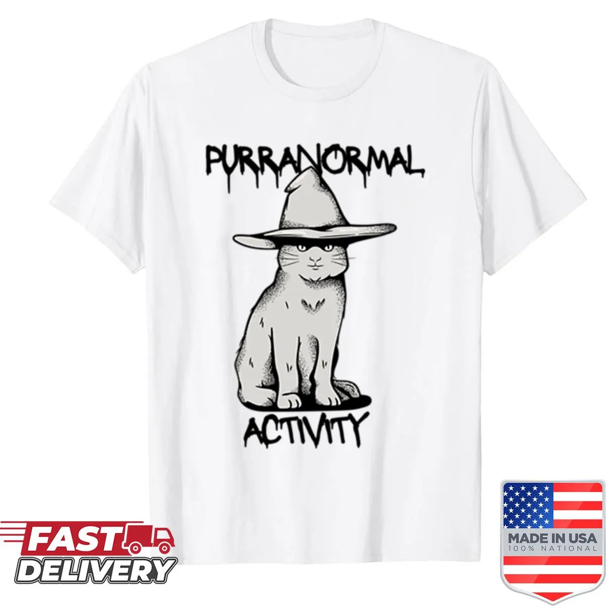 Illustrative witchy cat design on a shirt celebrating paranormal themes