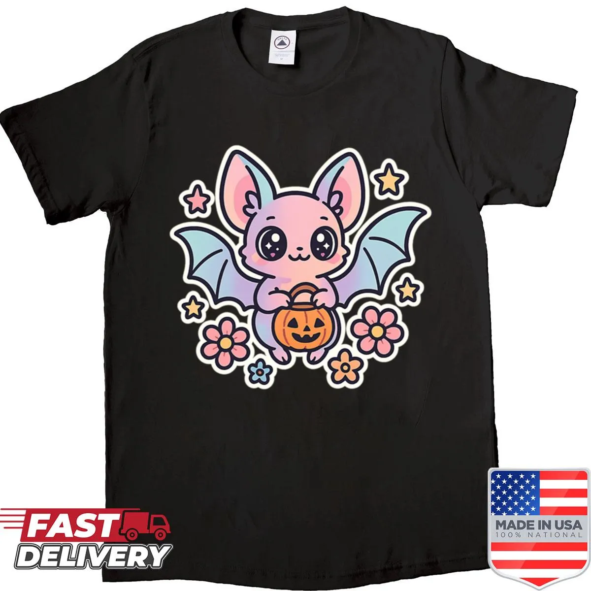 Kawaii pastel bat with pumpkin bucket Halloween shirt