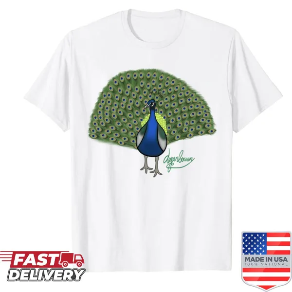 Illustrated peacock design on a stylish shirt.