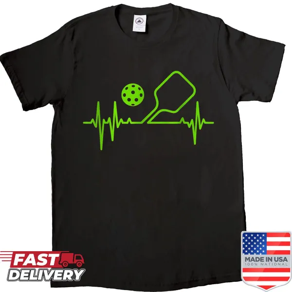 Graphic shirt featuring pickleball paddle and ball with heartbeat pulse design