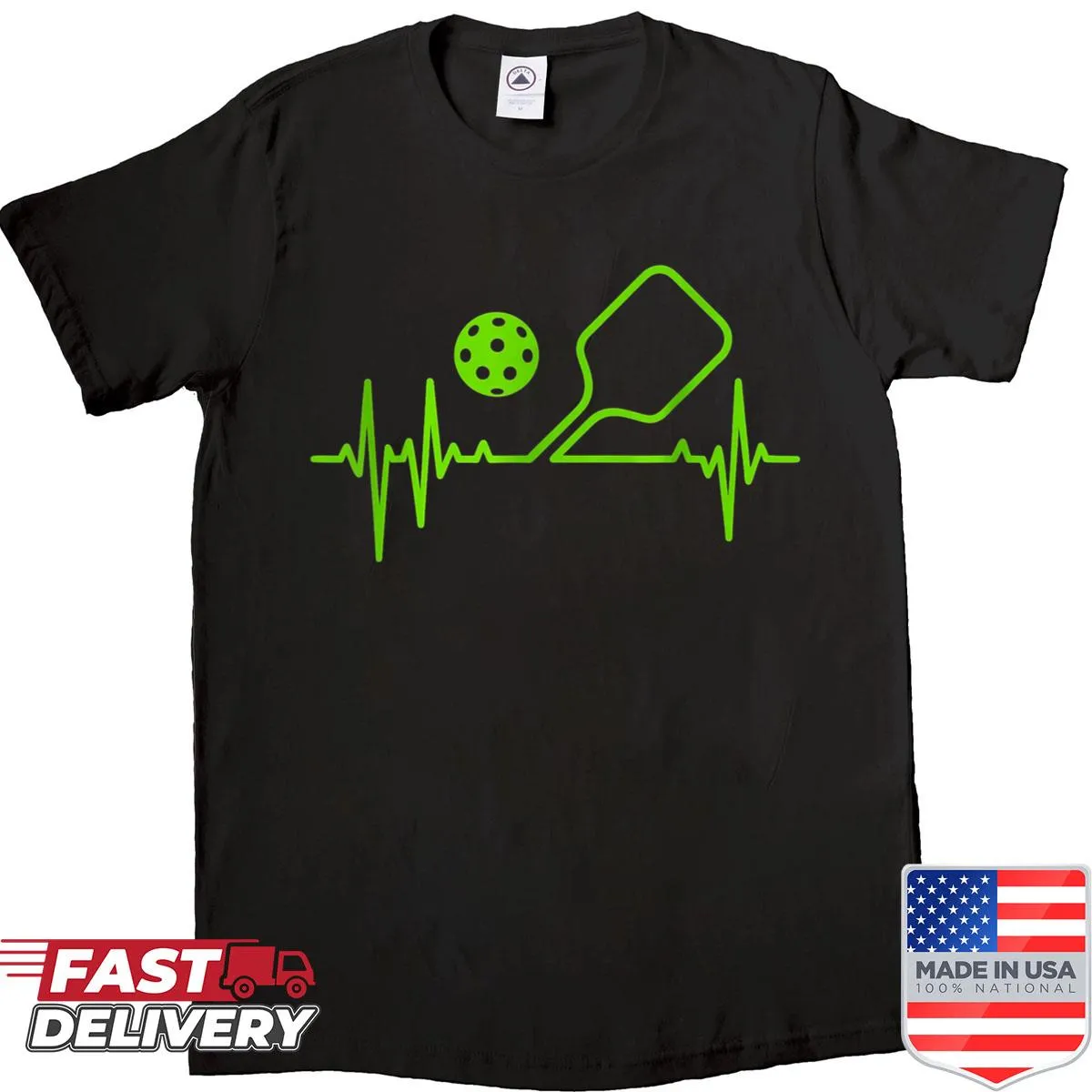 Graphic shirt featuring pickleball paddle and ball with heartbeat pulse design