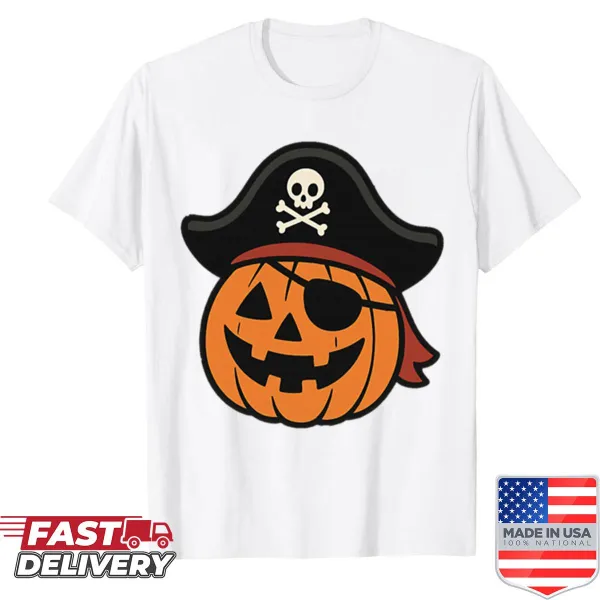 Illustration of a pirate pumpkin on an oversized shirt