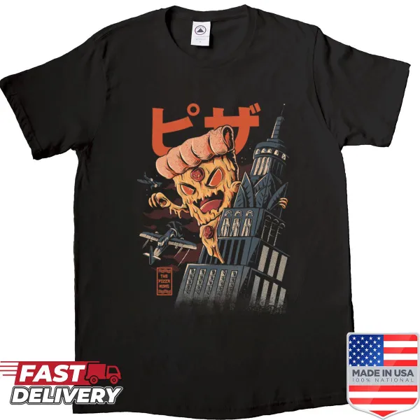Cartoon gorilla enjoying a pizza on a t-shirt