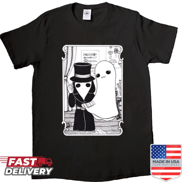 Illustrative shirt featuring a plague doctor helping a ghost in a whimsical design.