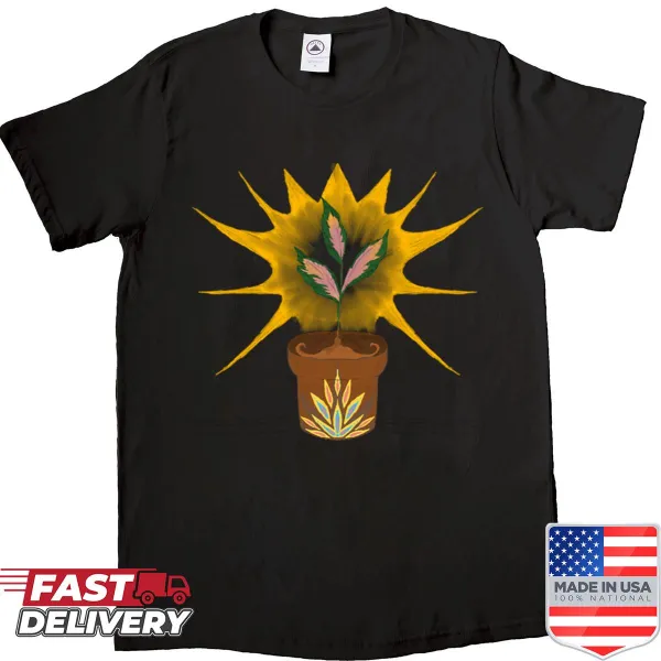 Graphic shirt featuring a plant with a sun above, representing nature