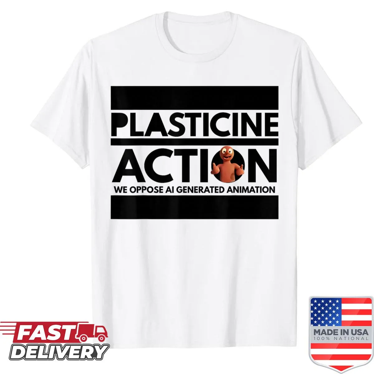 Text shirt opposing AI-generated animation in bold typography