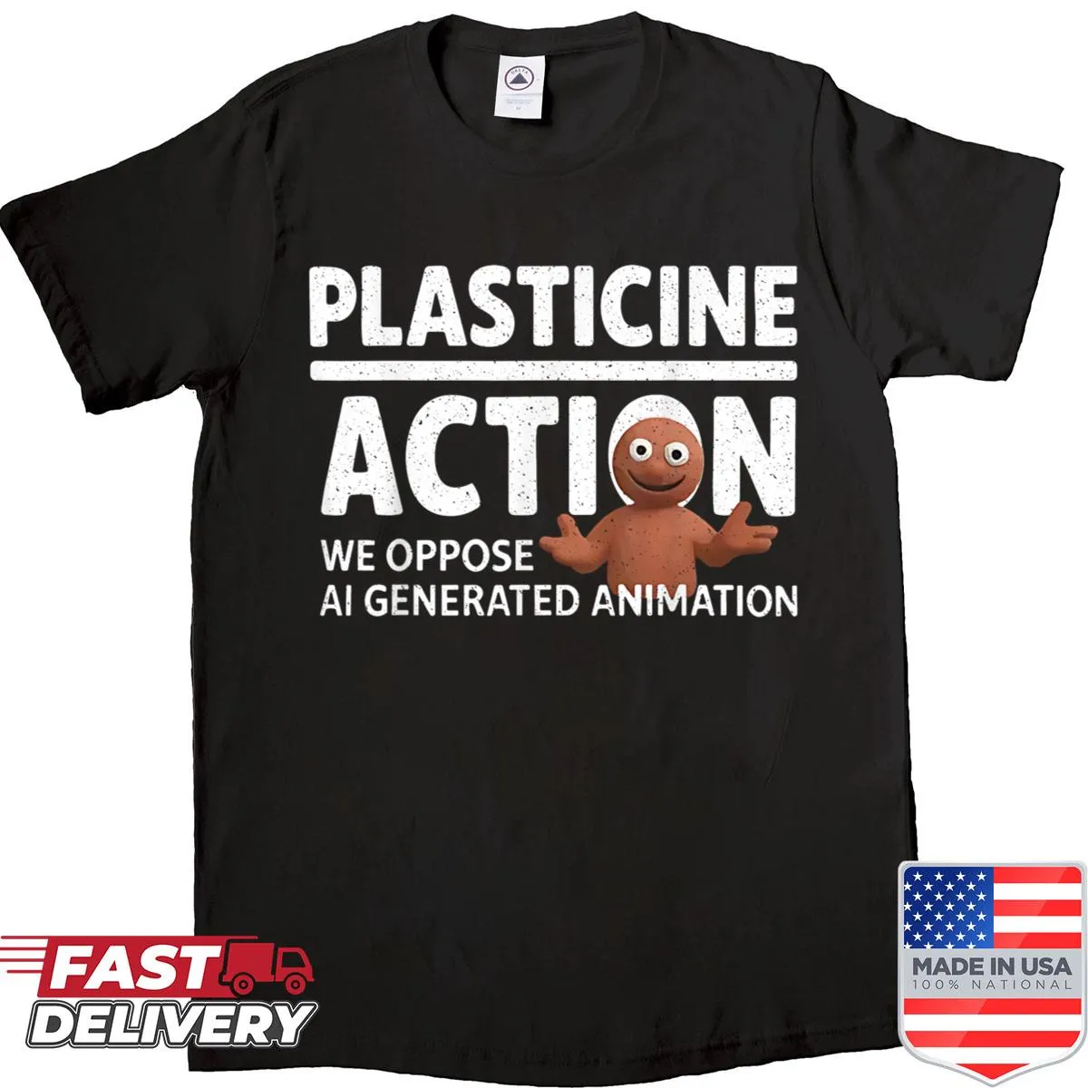Typographic shirt with a message opposing AI-generated animation